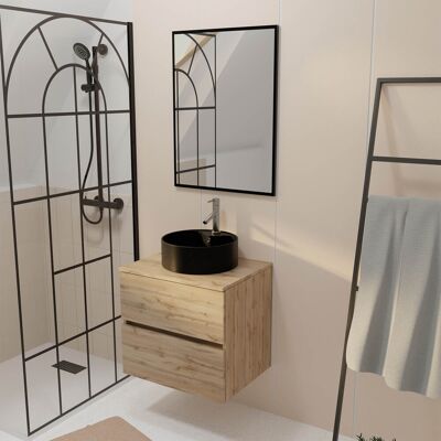 Aurlane - Mueble de baño 60cm 2 cajones Roble + Lavabo Negro Ø41cm + Espejo 60x80cm - Muebles de baño Aurlane - Mueble de baño 60cm 2 cajones Roble + Lavabo Negro Ø41cm + Espejo 60x80cm - Muebles de baño