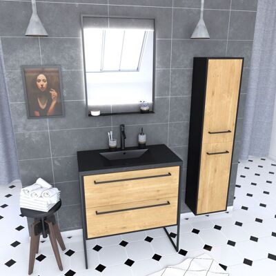 AURLANE Mueble De Baño 80cm, Lavabo Negro, Espejo Led Y Columna – Roble Y Negro AURLANE Mueble De Baño 80cm, Lavabo Negro, Espejo Led Y Columna – Roble Y Negro