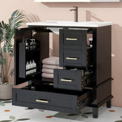 JHY DESIGN Mueble De Baño Sencillo, De 76 X 46 X 83,5 Cm, Totalmente Lacado, Con Estante En La Puerta, Tres Cajones Con Cierre Suave, Estantes Ajustables Y Lavabo Cerámico Integrado, Color Negro. JHY DESIGN Mueble De Baño Sencillo, De 76 X 46 X 83,5 Cm, Totalmente Lacado, Con Estante En La Puerta, Tres Cajones Con Cierre Suave, Estantes Ajustables Y Lavabo Cerámico Integrado, Color Negro.
