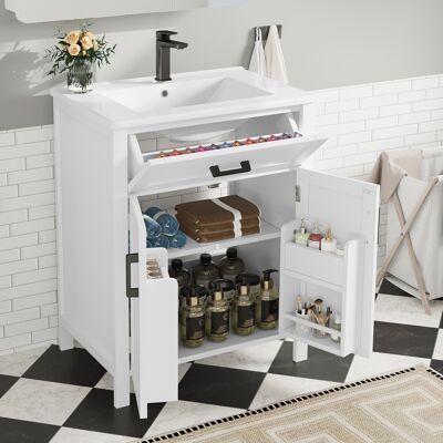 JHY DESIGN Mueble De Baño Independiente De 60 X 46 X 84,8 Cm Con Lavabo Integrado, Acabado Lacado, Estantes De Doble Puerta, Prácticos Cajones, Estantes Ajustables, Lavabo Cerámico Integrado, Blanco. JHY DESIGN Mueble De Baño Independiente De 60 X 46 X 84,8 Cm Con Lavabo Integrado, Acabado Lacado, Estantes De Doble Puerta, Prácticos Cajones, Estantes Ajustables, Lavabo Cerámico Integrado, Blanco.