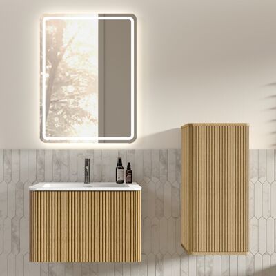 JHY DESIGN Conjunto De Muebles De Baño Con Espejo Led, Mueble De Lavabo Suspendido De 60 Cm Con Lavamanos, Espejo Cuadrado, Conjunto De Muebles De Baño Con Armario Lateral, Color Roble. JHY DESIGN Conjunto De Muebles De Baño Con Espejo Led, Mueble De Lavabo Suspendido De 60 Cm Con Lavamanos, Espejo Cuadrado, Conjunto De Muebles De Baño Con Armario Lateral, Color Roble.