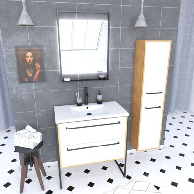 AURLANE Mueble De Baño 80cm, Lavabo Blanco, Espejo Led Y Columna - Roble Y Blanco AURLANE Mueble De Baño 80cm, Lavabo Blanco, Espejo Led Y Columna - Roble Y Blanco