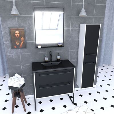 AURLANE Mueble De Baño 80 Cm, Lavabo Negro, Espejo Led Y Columna - Blanco Y Negro AURLANE Mueble De Baño 80 Cm, Lavabo Negro, Espejo Led Y Columna - Blanco Y Negro