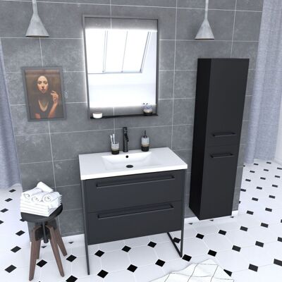 AURLANE Mueble De Baño 80cm, Lavabo Blanco, Espejo Led Y Columna - Negro- Structura AURLANE Mueble De Baño 80cm, Lavabo Blanco, Espejo Led Y Columna - Negro- Structura