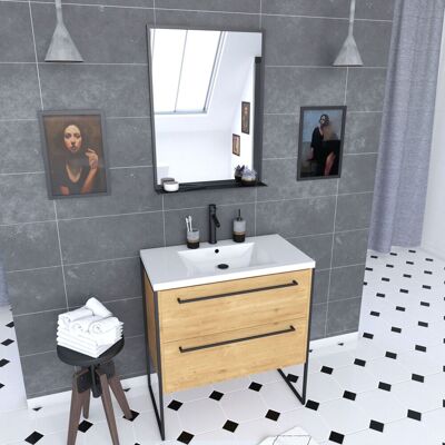 Aurlane - Mueble De Baño 80x50 , Lavabo Blanco, 2 Cajones Roble Natural + Espejo Aurlane - Mueble De Baño 80x50 , Lavabo Blanco, 2 Cajones Roble Natural + Espejo
