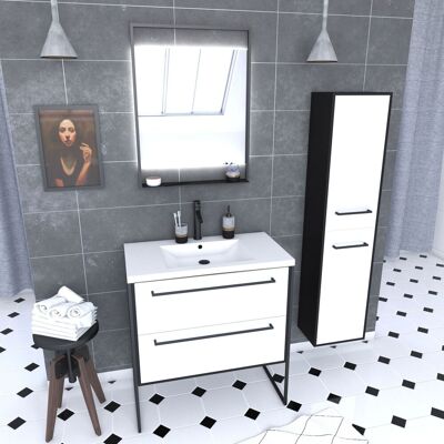 Aurlane - Conjunto De Baño Blanco De 80 Cm + Cuenca De Resina Blanca + Cajones Blancos Mate + Espejo + Columna Aurlane - Conjunto De Baño Blanco De 80 Cm + Cuenca De Resina Blanca + Cajones Blancos Mate + Espejo + Columna