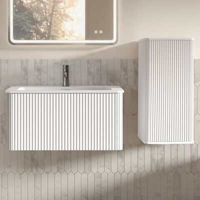 JHY DESIGN Conjunto De Baño Que Incluye Un Mueble De Lavabo Con Lavamanos Mural De 80 Cm De Ancho, Mobiliario De Baño Moderno Con Armario Lateral, Color Blanco. JHY DESIGN Conjunto De Baño Que Incluye Un Mueble De Lavabo Con Lavamanos Mural De 80 Cm De Ancho, Mobiliario De Baño Moderno Con Armario Lateral, Color Blanco.