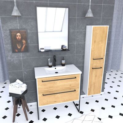 AURLANE Pack Mueble Baño 80x50, 2 Cajones, Lavabo Blanco, Espejo Negro Mate,columna AURLANE Pack Mueble Baño 80x50, 2 Cajones, Lavabo Blanco, Espejo Negro Mate,columna