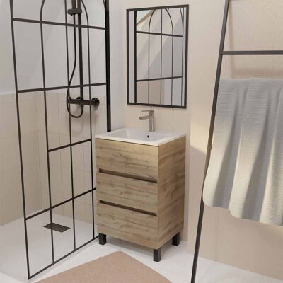 Aurlane - Mueble de baño 50 Decorado Roble 3 Cajones Lavabo blanco y Espejo - Tipo de baño Aurlane - Mueble de baño 50 Decorado Roble 3 Cajones Lavabo blanco y Espejo - Tipo de baño