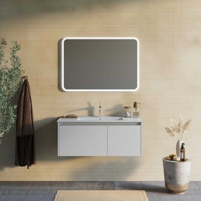 Mueble de baño Monaco gris claro de Kiamami Valentina - 100cm con lavabo cerámico y espejo LED Mueble de baño Monaco gris claro de Kiamami Valentina - 100cm con lavabo cerámico y espejo LED