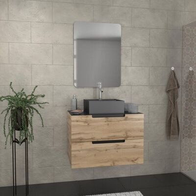 Aurlane - Mueble De Baño 80 Cm 2 Cajones - Roble Y Negro-lavabo Cuadrado-espejo 60x80 Aurlane - Mueble De Baño 80 Cm 2 Cajones - Roble Y Negro-lavabo Cuadrado-espejo 60x80