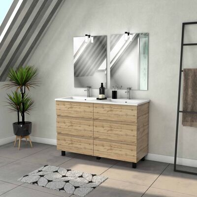 AURLANE Mueble De Baño 120cm 6 Cajones Aspecto Roble Natural + Lavabo Blanco Y Espejos Con Apliques Led AURLANE Mueble De Baño 120cm 6 Cajones Aspecto Roble Natural + Lavabo Blanco Y Espejos Con Apliques Led