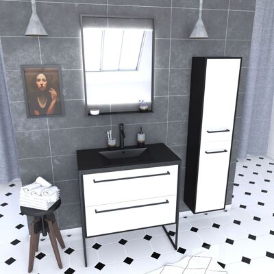Aurlane - Mueble De Baño 80, Lavabo Negro, Espejo Led, Columna - Negro Y Blanco - Structura Aurlane - Mueble De Baño 80, Lavabo Negro, Espejo Led, Columna - Negro Y Blanco - Structura