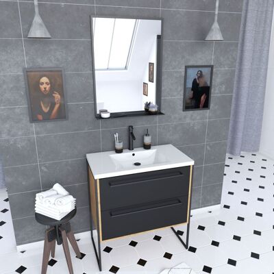 Aurlane - Mueble De Baño 80x50cm - Lavabo Blanco 80x50cm - Cajones Negro + Espejo Aurlane - Mueble De Baño 80x50cm - Lavabo Blanco 80x50cm - Cajones Negro + Espejo