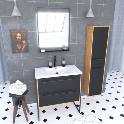 AURLANE Mueble De Baño 80cm, Lavabo Blanco, Espejo Led Y Columna - Roble Y Negro AURLANE Mueble De Baño 80cm, Lavabo Blanco, Espejo Led Y Columna - Roble Y Negro