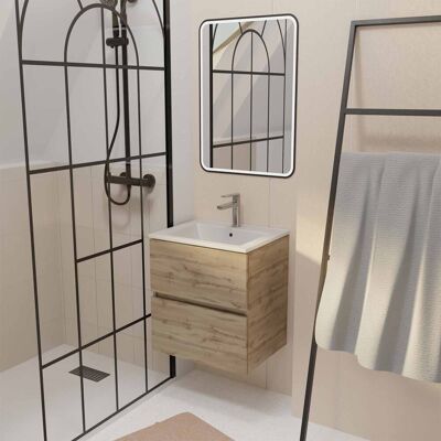 Mueble de baño Aurlane 50 Decorado Roble, 2 Cajones, Lavabo Blanco y Espejo LED Mueble de baño Aurlane 50 Decorado Roble, 2 Cajones, Lavabo Blanco y Espejo LED