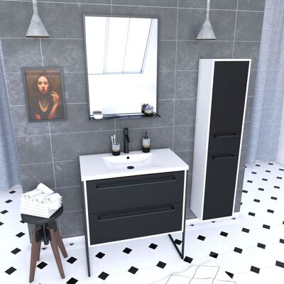 AURLANE Pack Mueble De Baño 80x50 Negro, Lavabo Blanco, Espejo Negro Mate + Columna AURLANE Pack Mueble De Baño 80x50 Negro, Lavabo Blanco, Espejo Negro Mate + Columna
