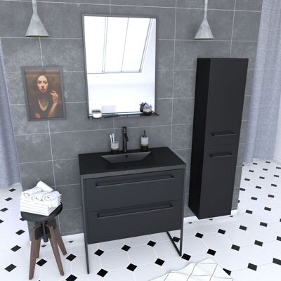 AURLANE Pack Mueble Baño 80x50 Negro - 2 Cajones - Lavabo Negro - Espejo - Columna AURLANE Pack Mueble Baño 80x50 Negro - 2 Cajones - Lavabo Negro - Espejo - Columna