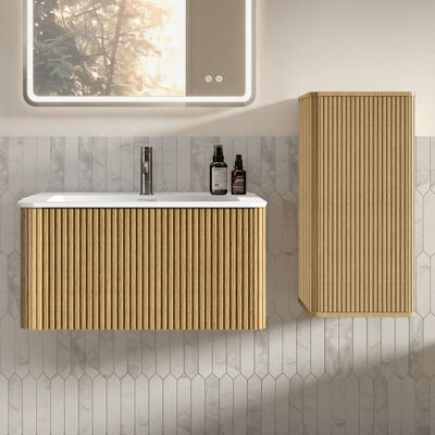 JHY DESIGN Conjunto De Baño Que Incluye Un Mueble De Lavabo Con Lavamanos Mural De 80 Cm De Ancho Y Un Mueble De Baño Moderno Con Armario Lateral, Color Roble. JHY DESIGN Conjunto De Baño Que Incluye Un Mueble De Lavabo Con Lavamanos Mural De 80 Cm De Ancho Y Un Mueble De Baño Moderno Con Armario Lateral, Color Roble.