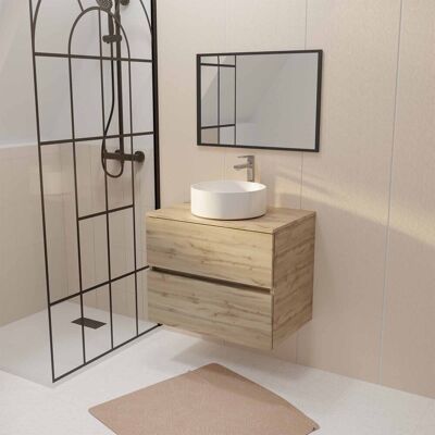 Mueble de baño Aurlane Modelo 70 Decor Roble - 2 Cajones, Lavabo Blanco, Espejo Mueble de baño Aurlane Modelo 70 Decor Roble - 2 Cajones, Lavabo Blanco, Espejo