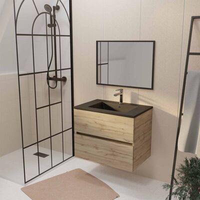 Mueble de baño Aurlane 70 Decorado Roble 2 Cajones Lavabo negro y Espejo Mueble de baño Aurlane 70 Decorado Roble 2 Cajones Lavabo negro y Espejo