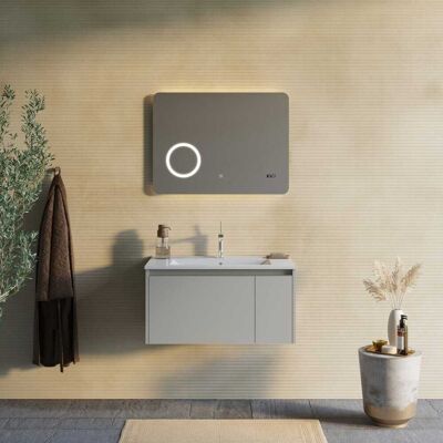Kiamami Valentina - Mueble de baño 80cm Beige con espejo LED y reloj digital Kiamami Valentina - Mueble de baño 80cm Beige con espejo LED y reloj digital