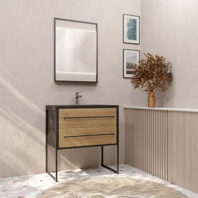 Mueble de Baño Aurlane 80cm Negro Mate y Madera 2 Cajones Lavabo Espejo LED Mueble de Baño Aurlane 80cm Negro Mate y Madera 2 Cajones Lavabo Espejo LED