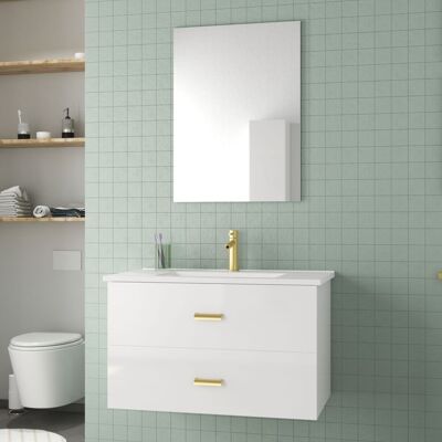 AURLANE Mueble de baño Blanco y Oro - 80cm, 2 Cajones - Lavabo Cerámica y Espejo AURLANE Mueble de baño Blanco y Oro - 80cm, 2 Cajones - Lavabo Cerámica y Espejo