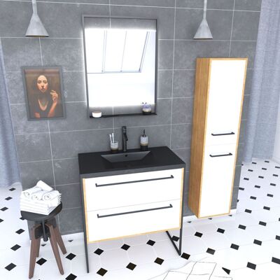 AURLANE Mueble De Baño 80 Cm, Lavabo Negro, Espejo Led Y Columna - Roble Y Blanco AURLANE Mueble De Baño 80 Cm, Lavabo Negro, Espejo Led Y Columna - Roble Y Blanco