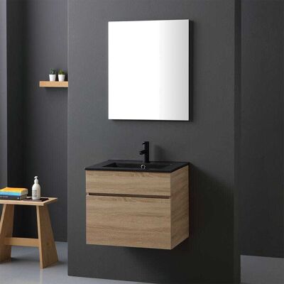 Armario de baño suspendido Kiamami Valentina - Roble natural, lavabo negro Armario de baño suspendido Kiamami Valentina - Roble natural, lavabo negro