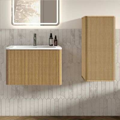 JHY DESIGN Conjunto De Baño Que Incluye Un Mueble De Lavabo Con Lavamanos Mural De 60 Cm De Ancho Y Un Mueble De Baño Moderno Con Armario Lateral, Color Roble. JHY DESIGN Conjunto De Baño Que Incluye Un Mueble De Lavabo Con Lavamanos Mural De 60 Cm De Ancho Y Un Mueble De Baño Moderno Con Armario Lateral, Color Roble.