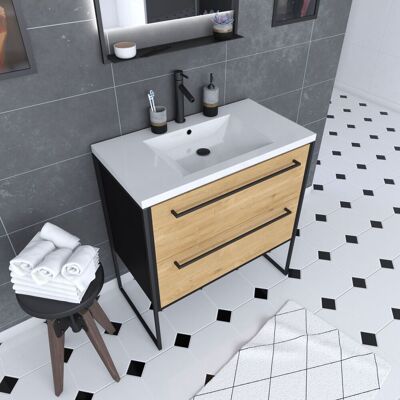 Aurlane - Mueble De Baño 80 Con Cajones Acabado Roble Y Negro - Lavabo Blanco En Resina - Structura Aurlane - Mueble De Baño 80 Con Cajones Acabado Roble Y Negro - Lavabo Blanco En Resina - Structura