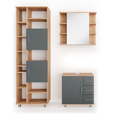 Vicco - Conjunto De Muebles De Baño Ilias, Roble, 3 Partes, Con Mueble Alto Vicco - Conjunto De Muebles De Baño Ilias, Roble, 3 Partes, Con Mueble Alto