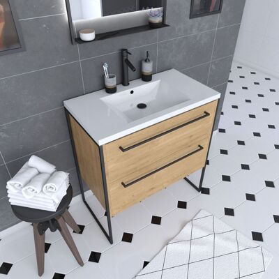 Aurlane - Mueble De Baño 80x50cm - Lavabo Blanco 80x50cm - 2 Cajones Roble Natural Aurlane - Mueble De Baño 80x50cm - Lavabo Blanco 80x50cm - 2 Cajones Roble Natural