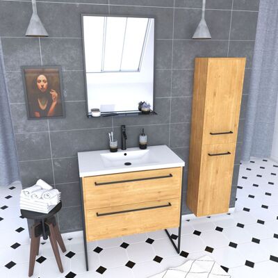AURLANE Pack Mueble 80, Patas, 2 Cajones Roble, Lavabo Blanco, Espejo, Columna 150 AURLANE Pack Mueble 80, Patas, 2 Cajones Roble, Lavabo Blanco, Espejo, Columna 150