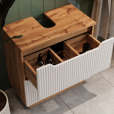 Mueble Bajo Lavabo Lotta, Roble/rayas Blancas, 59.8 X 62.5 Cm Con 2 Cajones, Vicco Mueble Bajo Lavabo Lotta, Roble/rayas Blancas, 59.8 X 62.5 Cm Con 2 Cajones, Vicco