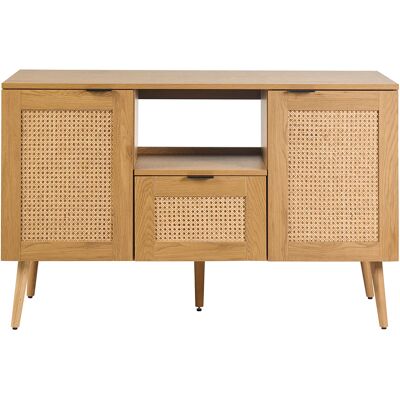MILIBOO Mueble De Baño Acabado Madera Clara, Rejilla De Ratán Y Metal Negro L120 Cm Manille MILIBOO Mueble De Baño Acabado Madera Clara, Rejilla De Ratán Y Metal Negro L120 Cm Manille