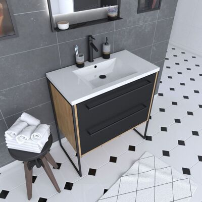 Aurlane - Mueble De Baño 80x50 Cm - Lavabo Blanco 80x50 Cm - 2 Cajones Negro Mate Aurlane - Mueble De Baño 80x50 Cm - Lavabo Blanco 80x50 Cm - 2 Cajones Negro Mate