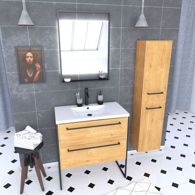 AURLANE Mueble De Baño 80 , Lavabo Blanco, Espejo Led Y Columna Roble Natural AURLANE Mueble De Baño 80 , Lavabo Blanco, Espejo Led Y Columna Roble Natural