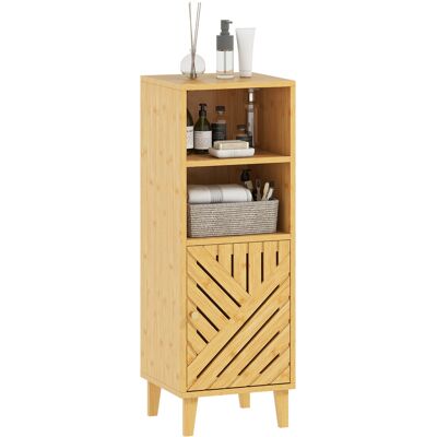 JHY DESIGN Armario De Baño Estrecho, Mueble De Almacenamiento Con 2 Estantes Abiertos, Puerta Y Patas De Bambú, 32 X 30 X 90 Cm, Natural JHY DESIGN Armario De Baño Estrecho, Mueble De Almacenamiento Con 2 Estantes Abiertos, Puerta Y Patas De Bambú, 32 X 30 X 90 Cm, Natural