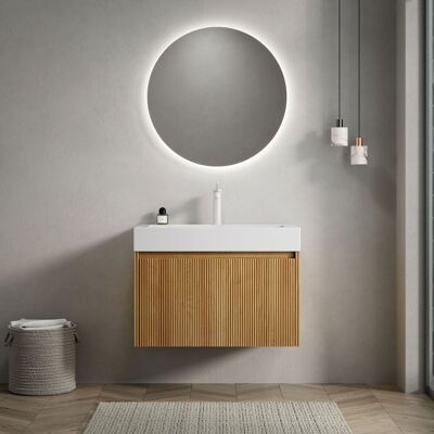 JHY DESIGN Mueble De Baño Suspendido De 70 Cm Con Lavabo Rectangular De Resina Blanca Integrado, Armario De Madera Contrachapada A Rayas Con Un Cajón, Premontado, Color Madera Natural. JHY DESIGN Mueble De Baño Suspendido De 70 Cm Con Lavabo Rectangular De Resina Blanca Integrado, Armario De Madera Contrachapada A Rayas Con Un Cajón, Premontado, Color Madera Natural.