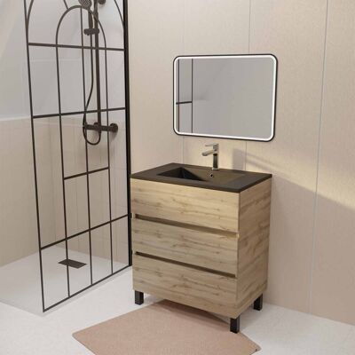 Aurlane Mueble de baño Timber 70 - Roble - 3 Cajones - Lavabo negro - Espejo LED Aurlane Mueble de baño Timber 70 - Roble - 3 Cajones - Lavabo negro - Espejo LED