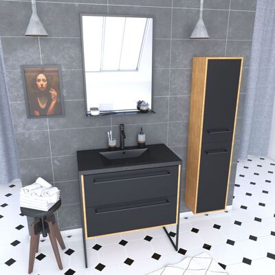 AURLANE Mueble De Baño 80x50cm - Lavabo Negro - Cajones Negro + Columna + Espejo AURLANE Mueble De Baño 80x50cm - Lavabo Negro - Cajones Negro + Columna + Espejo