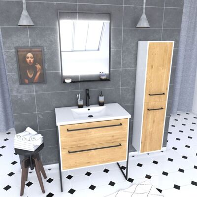 AURLANE Mueble De Baño 80 Cm, Lavabo Blanco, Espejo Led Y Columna - Blanco Y Roble AURLANE Mueble De Baño 80 Cm, Lavabo Blanco, Espejo Led Y Columna - Blanco Y Roble