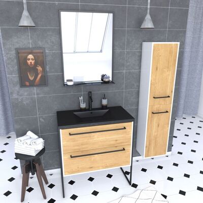 AURLANE Pack Baño 80 Roble + Lavabo Negro + Espejo Led + Columna De Almacenamiento AURLANE Pack Baño 80 Roble + Lavabo Negro + Espejo Led + Columna De Almacenamiento