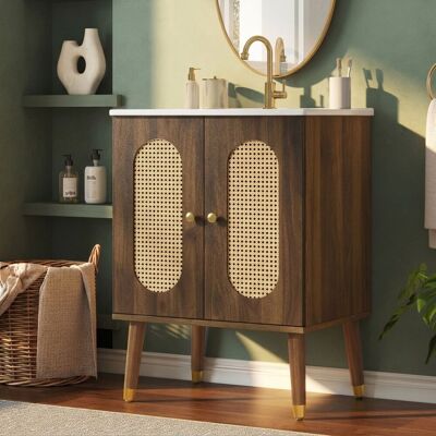 JHY DESIGN Mueble De Baño Independiente De 61 Cm Con Puertas De Ratán Transpirable, Estantes Fijos Y Amplio Espacio De Almacenamiento Bajo El Lavabo De Cerámica (grifo No Incluido). JHY DESIGN Mueble De Baño Independiente De 61 Cm Con Puertas De Ratán Transpirable, Estantes Fijos Y Amplio Espacio De Almacenamiento Bajo El Lavabo De Cerámica (grifo No Incluido).