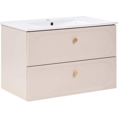 BELIANI Mueble De Pared Para Baño Con Lavabo 2 Cajones Tiradores Dorados Mueble Suspendido Beige Tarumir BELIANI Mueble De Pared Para Baño Con Lavabo 2 Cajones Tiradores Dorados Mueble Suspendido Beige Tarumir
