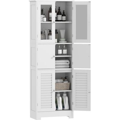 JHY DESIGN Mueble Columna De Baño Con 3 Armarios Y Puertas De Cristal Con Lamas, 60 X 30 X 170,5 Cm, Blanco JHY DESIGN Mueble Columna De Baño Con 3 Armarios Y Puertas De Cristal Con Lamas, 60 X 30 X 170,5 Cm, Blanco