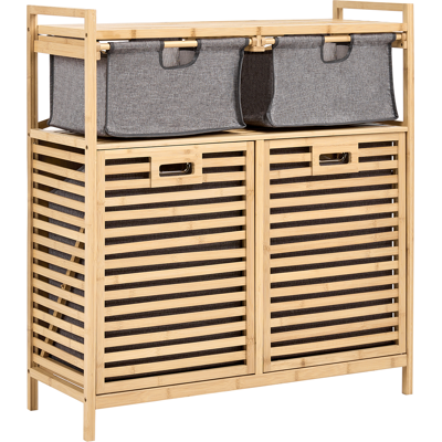 BELIANI Armario De Baño De Bambú Con Puerta Abatible Para La Colada Con 2 Estantes Y Cajas Estilo Escandinavo Marrón Claro Cejar BELIANI Armario De Baño De Bambú Con Puerta Abatible Para La Colada Con 2 Estantes Y Cajas Estilo Escandinavo Marrón Claro Cejar