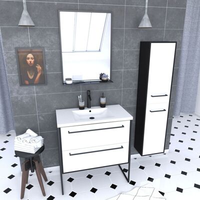 Aurlane - Conjunto De Baño 80 Cm Blanco Acabado Negro + Lavabo Blanco + Espejo + Columna De Almacenamiento Aurlane - Conjunto De Baño 80 Cm Blanco Acabado Negro + Lavabo Blanco + Espejo + Columna De Almacenamiento